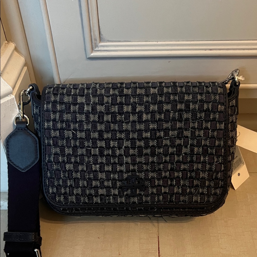 Tory Burch Woven Check distressed denim crossbody bag